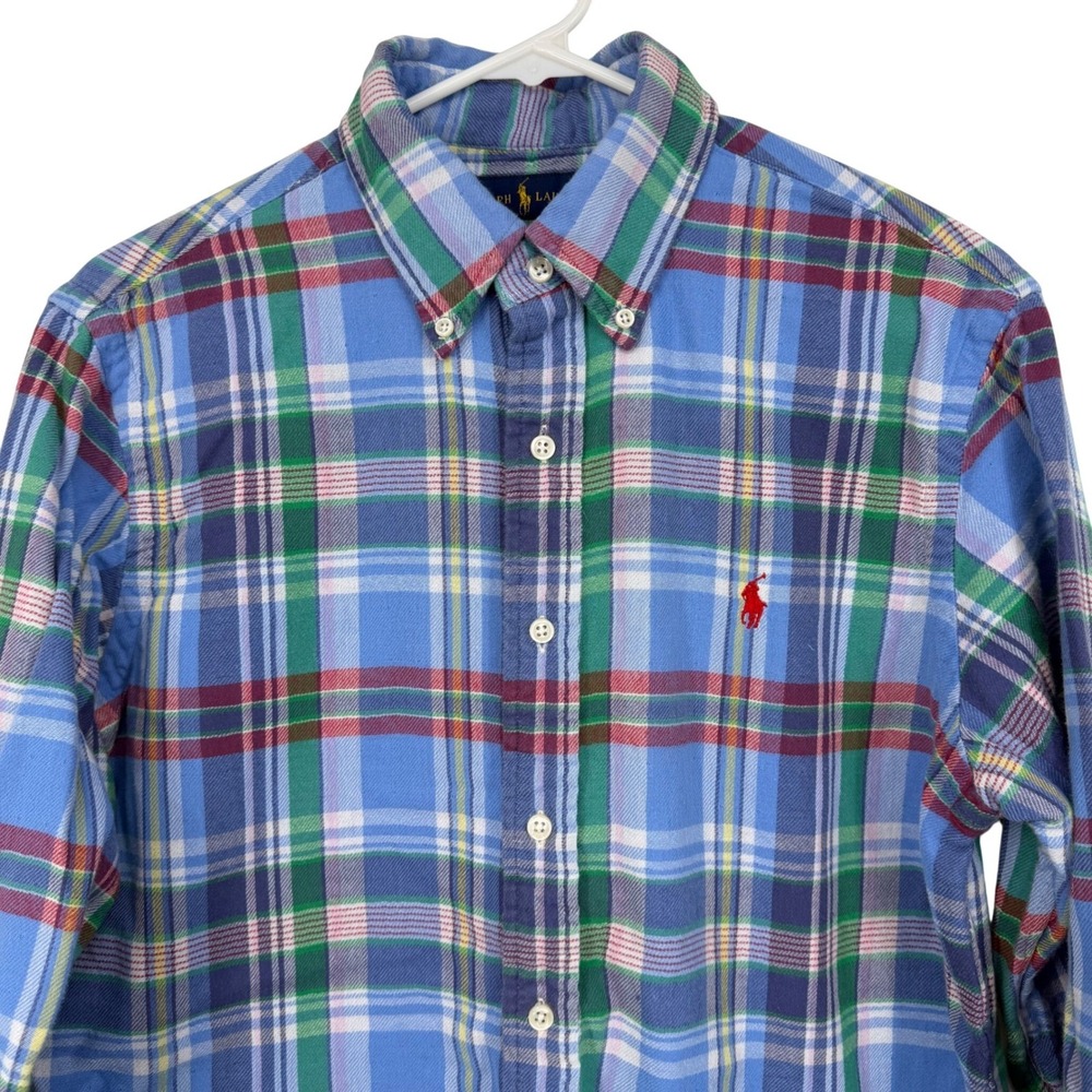 Ralph Lauren Mens Blue Plaid Long Sleeve Button Down Shirt Red Pony Large Thick‎